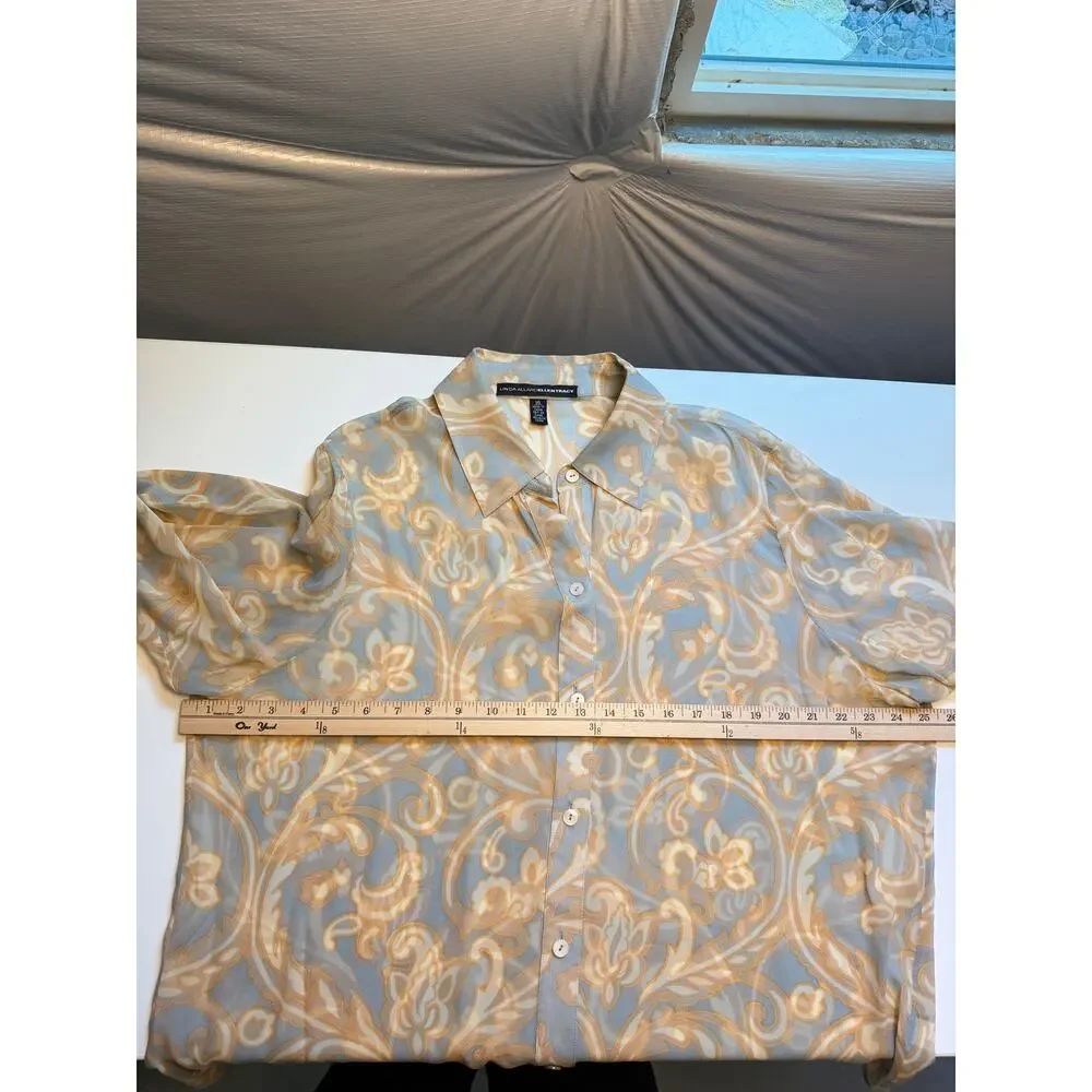 Ellen Tracy 100% Silk Blouse Womens 16 Sage Blue Baroque Button Front Classic - Picture 9 of 12